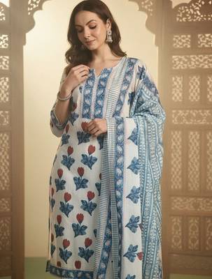 Floral Printed Pure Cotton Kurta With Trousers & Dupatta 3