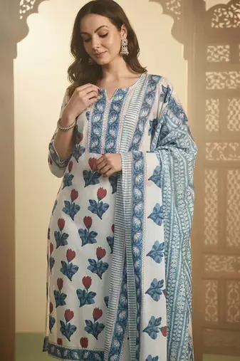 Floral Printed Pure Cotton Kurta With Trousers & Dupatta