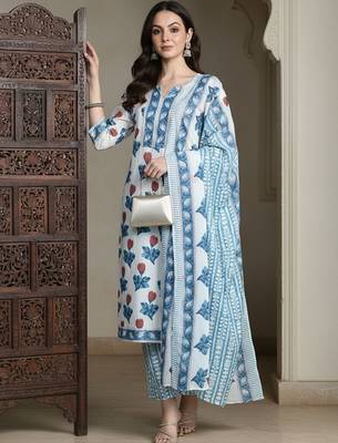 Floral Printed Pure Cotton Kurta With Trousers & Dupatta 5