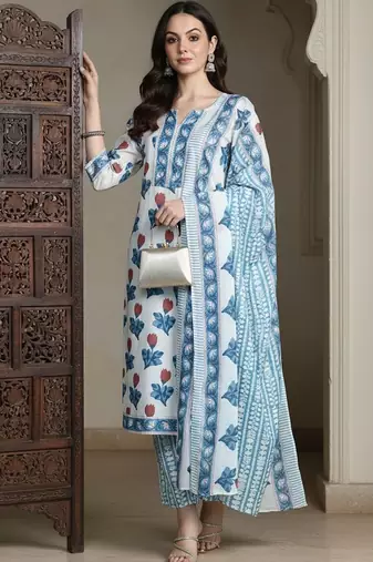Floral Printed Pure Cotton Kurta With Trousers & Dupatta