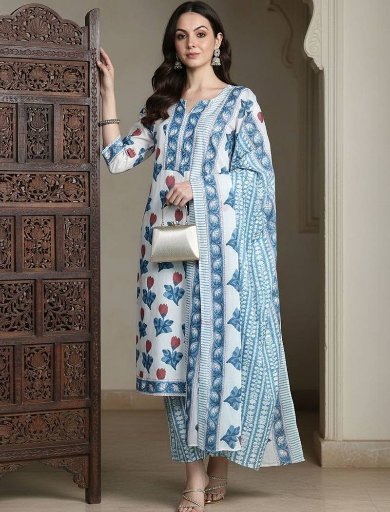 Floral Printed Pure Cotton Kurta With Trousers & Dupatta