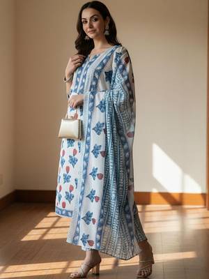 Floral Printed Pure Cotton Kurta With Trousers & Dupatta 6