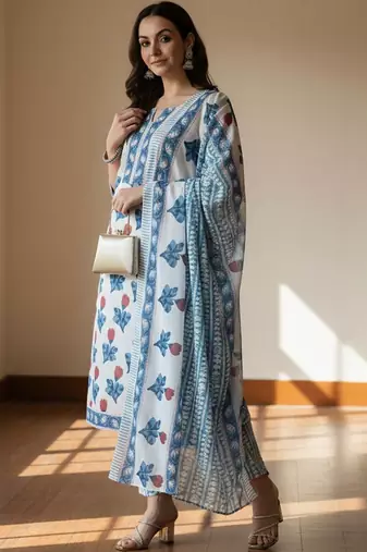 Floral Printed Pure Cotton Kurta With Trousers & Dupatta