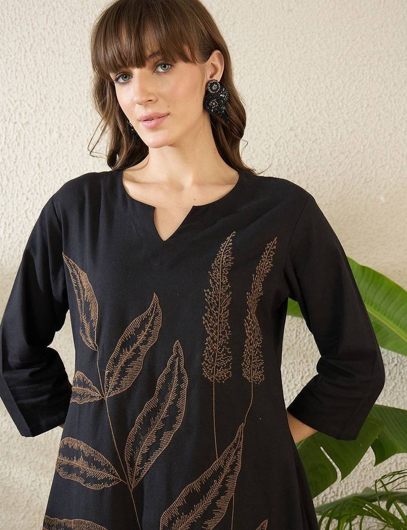 Ethnic Motifs Embroidered Notch Neck Thread Work Pure Cotton Kurta With Palazzos