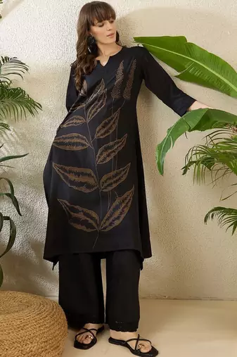 Ethnic Motifs Embroidered Notch Neck Thread Work Pure Cotton Kurta With Palazzos