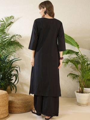 Ethnic Motifs Embroidered Notch Neck Thread Work Pure Cotton Kurta With Palazzos 5