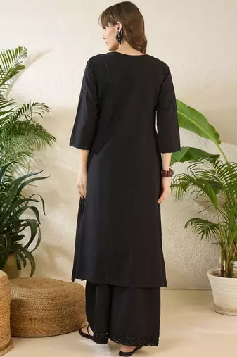 Ethnic Motifs Embroidered Notch Neck Thread Work Pure Cotton Kurta With Palazzos
