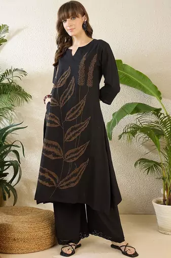 Ethnic Motifs Embroidered Notch Neck Thread Work Pure Cotton Kurta With Palazzos