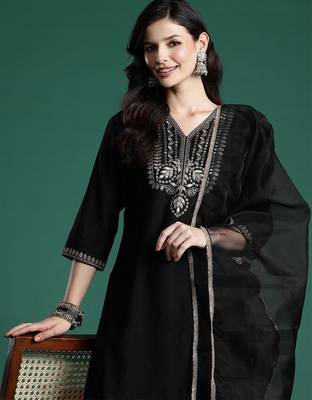 Ethnic Motifs Zari Embroidered Liva Kurta With Sharara & Dupatta 1