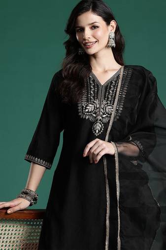 Ethnic Motifs Zari Embroidered Liva Kurta With Sharara & Dupatta