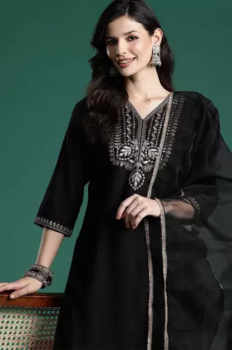 Ethnic Motifs Zari Embroidered Liva Kurta With Sharara & Dupatta
