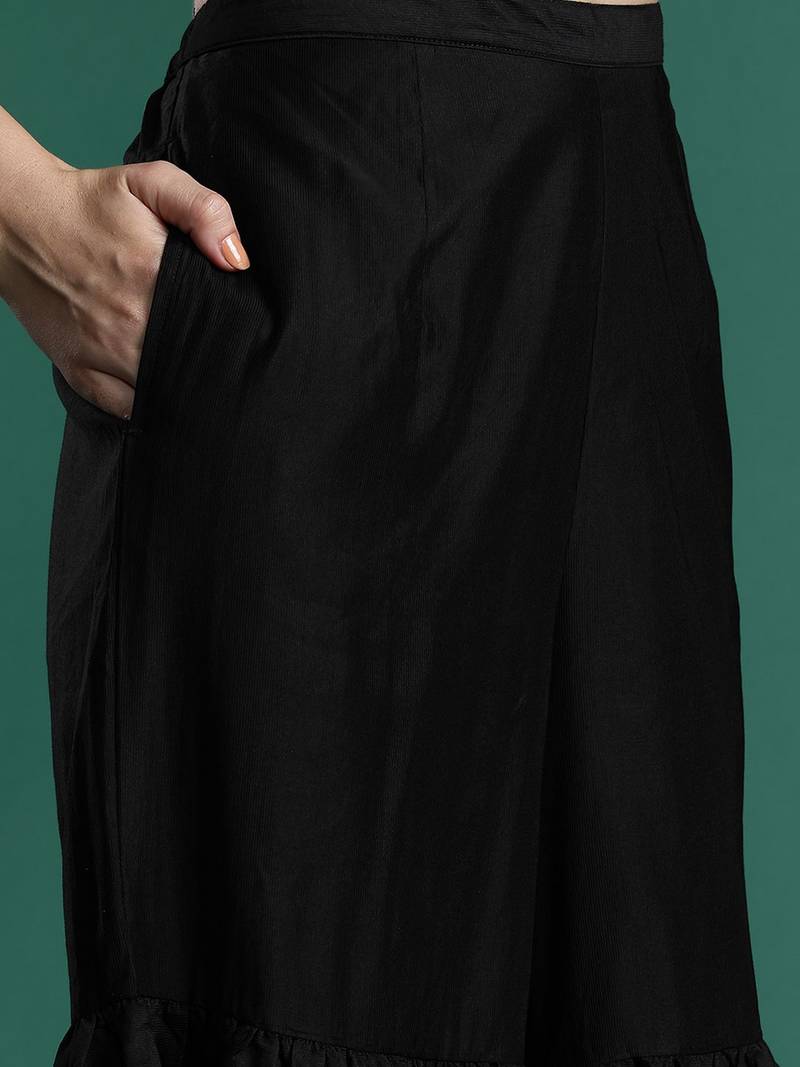 Ethnic Motifs Zari Embroidered Liva Kurta With Sharara & Dupatta