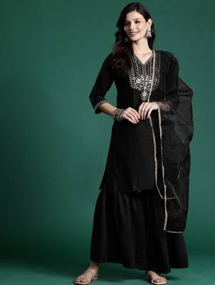 Ethnic Motifs Zari Embroidered Liva Kurta With Sharara & Dupatta 5