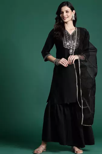 Ethnic Motifs Zari Embroidered Liva Kurta With Sharara & Dupatta