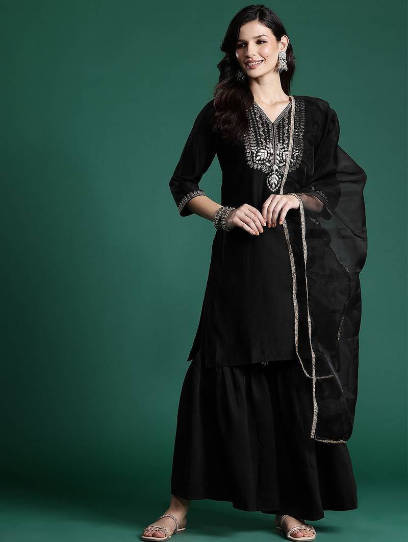 Ethnic Motifs Zari Embroidered Liva Kurta With Sharara & Dupatta