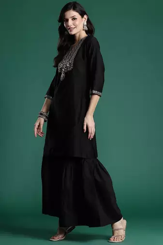 Ethnic Motifs Zari Embroidered Liva Kurta With Sharara & Dupatta