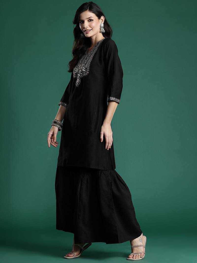 Ethnic Motifs Zari Embroidered Liva Kurta With Sharara & Dupatta