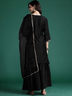 Ethnic Motifs Zari Embroidered Liva Kurta With Sharara & Dupatta 7