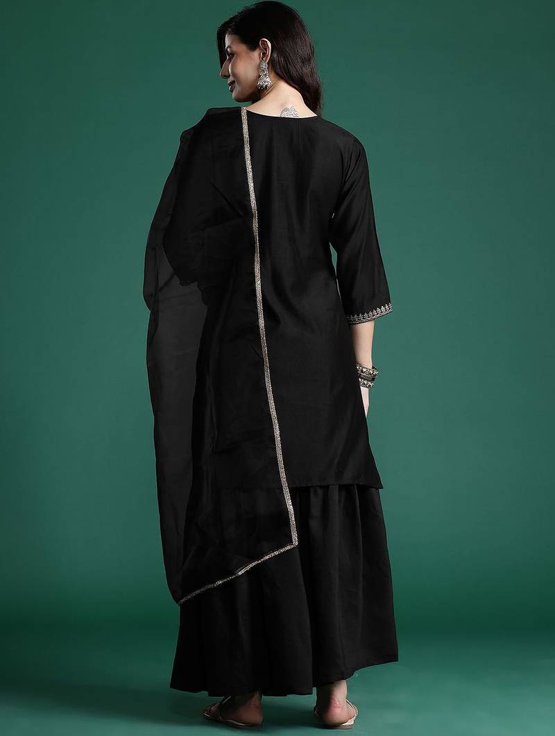 Ethnic Motifs Zari Embroidered Liva Kurta With Sharara & Dupatta