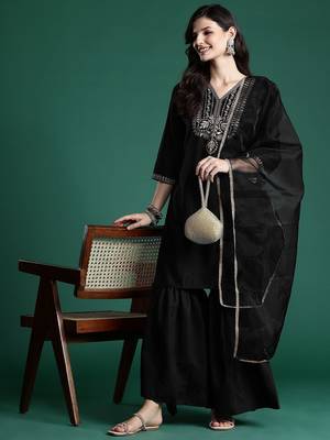 Ethnic Motifs Zari Embroidered Liva Kurta With Sharara & Dupatta 8