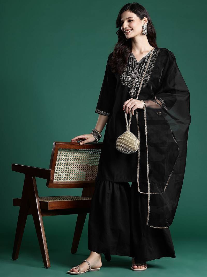Ethnic Motifs Zari Embroidered Liva Kurta With Sharara & Dupatta