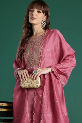 Floral Embroidered Sequinned Kurta with Trousers & With Dupatta