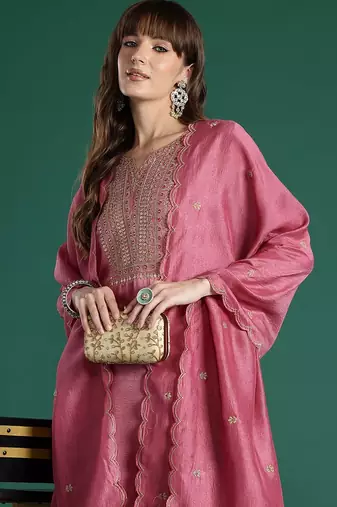 Floral Embroidered Sequinned Kurta with Trousers & With Dupatta