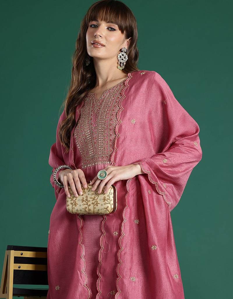 Floral Embroidered Sequinned Kurta with Trousers & With Dupatta