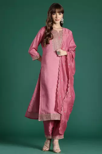 Floral Embroidered Sequinned Kurta with Trousers & With Dupatta