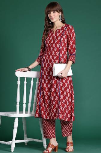 Paisley Printed Mirror Work Pure Cotton Kurta with Trousers