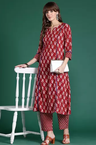 Paisley Printed Mirror Work Pure Cotton Kurta with Trousers