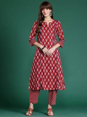 Paisley Printed Mirror Work Pure Cotton Kurta with Trousers 4