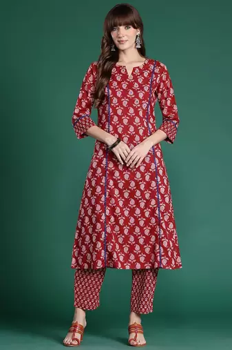Paisley Printed Mirror Work Pure Cotton Kurta with Trousers