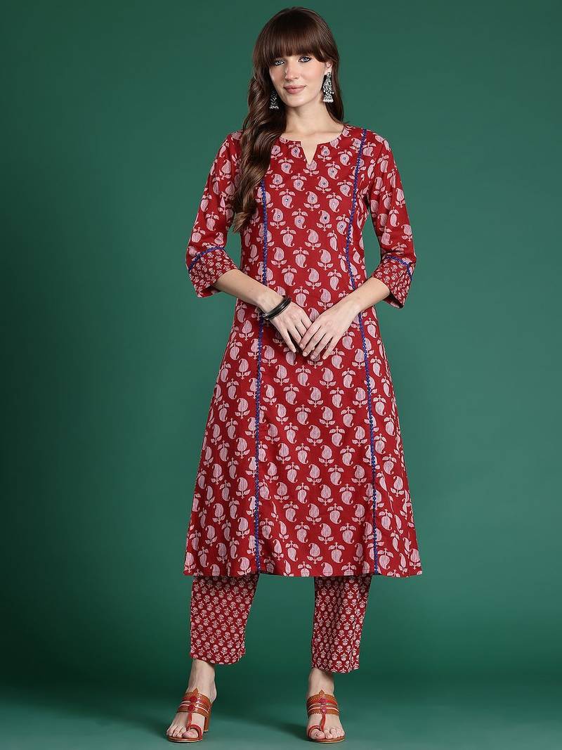 Paisley Printed Mirror Work Pure Cotton Kurta with Trousers