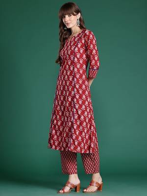 Paisley Printed Mirror Work Pure Cotton Kurta with Trousers 5