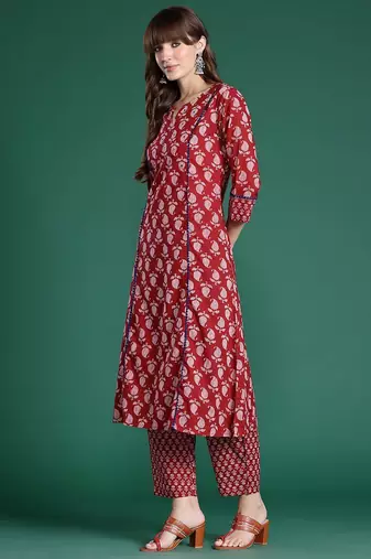 Paisley Printed Mirror Work Pure Cotton Kurta with Trousers