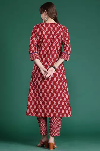 Paisley Printed Mirror Work Pure Cotton Kurta with Trousers