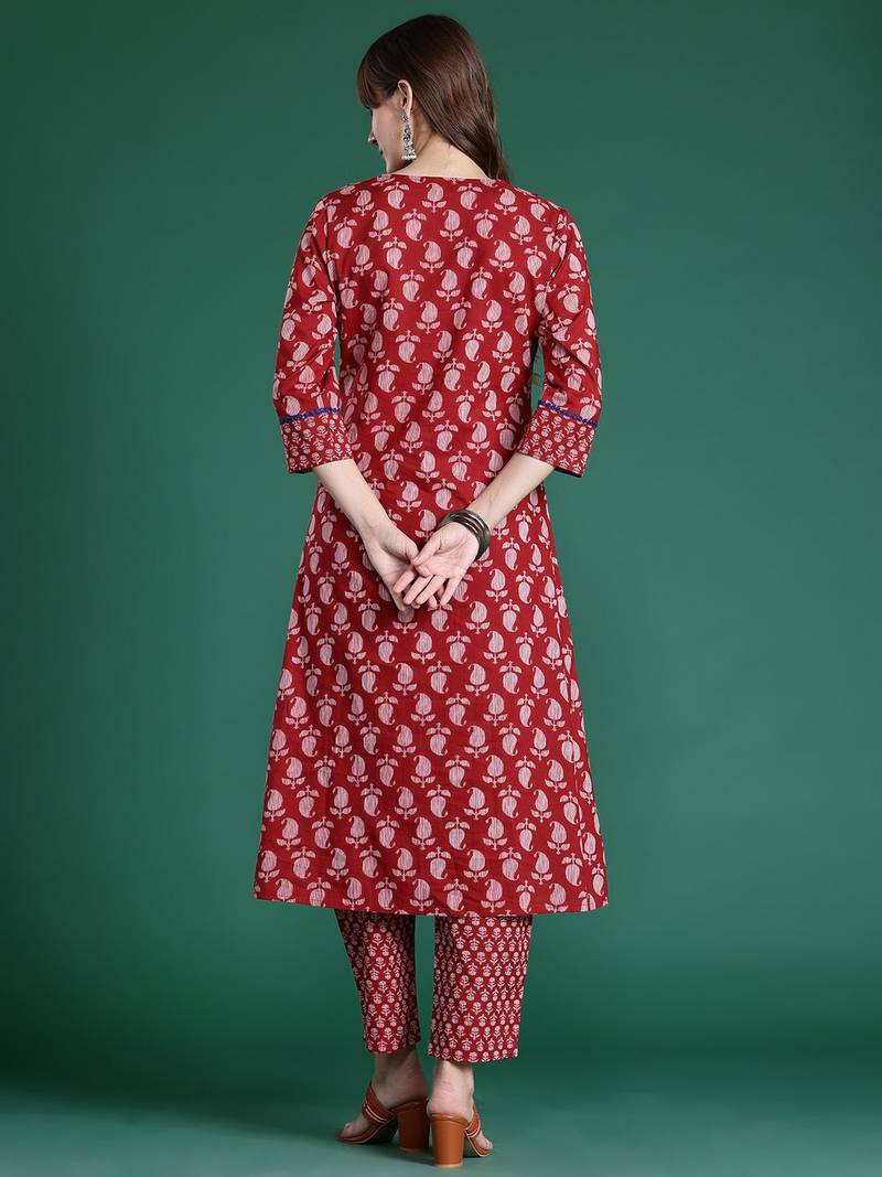 Paisley Printed Mirror Work Pure Cotton Kurta with Trousers