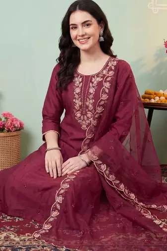 Women Ethnic Motifs Embroidered Regular Thread Work Kurta with Trousers & With Dupatta