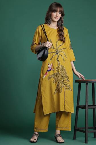 Floral Embroidered Pure Cotton Kurta with Trousers & Dupatta