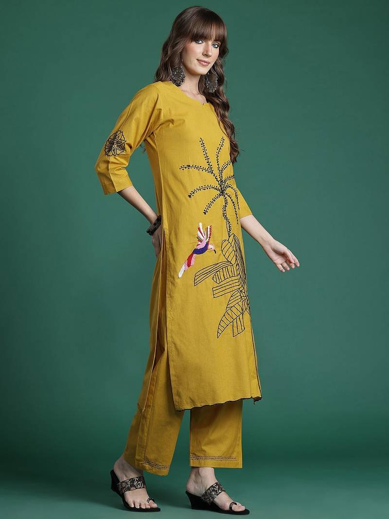 Floral Embroidered Pure Cotton Kurta with Trousers & Dupatta