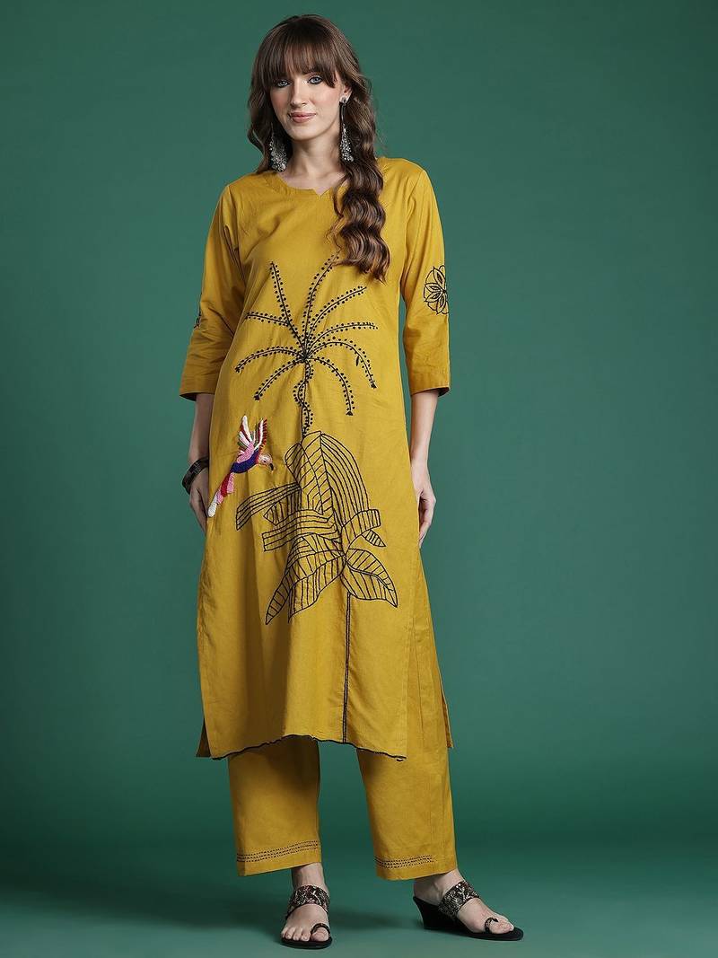 Floral Embroidered Pure Cotton Kurta with Trousers & Dupatta
