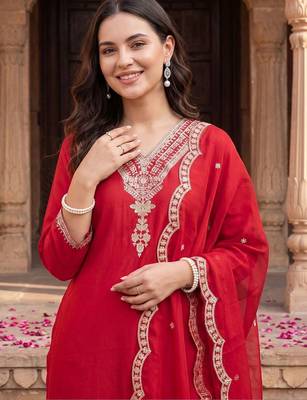 Women Ethnic Motifs Embroidered Regular Thread Work Liva Kurta with Trousers & With Dupatta 2