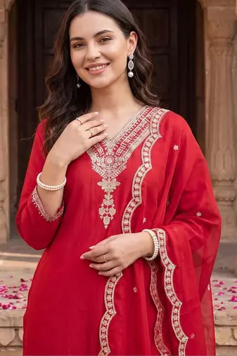 Women Ethnic Motifs Embroidered Regular Thread Work Liva Kurta with Trousers & With Dupatta