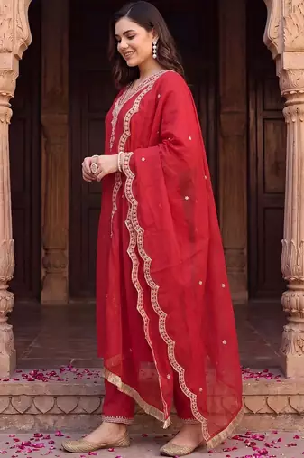 Women Ethnic Motifs Embroidered Regular Thread Work Liva Kurta with Trousers & With Dupatta