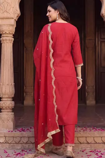 Women Ethnic Motifs Embroidered Regular Thread Work Liva Kurta with Trousers & With Dupatta