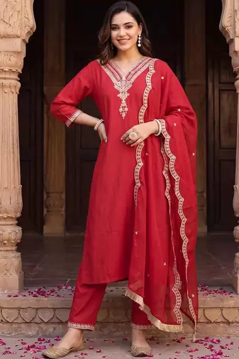 Women Ethnic Motifs Embroidered Regular Thread Work Liva Kurta with Trousers & With Dupatta