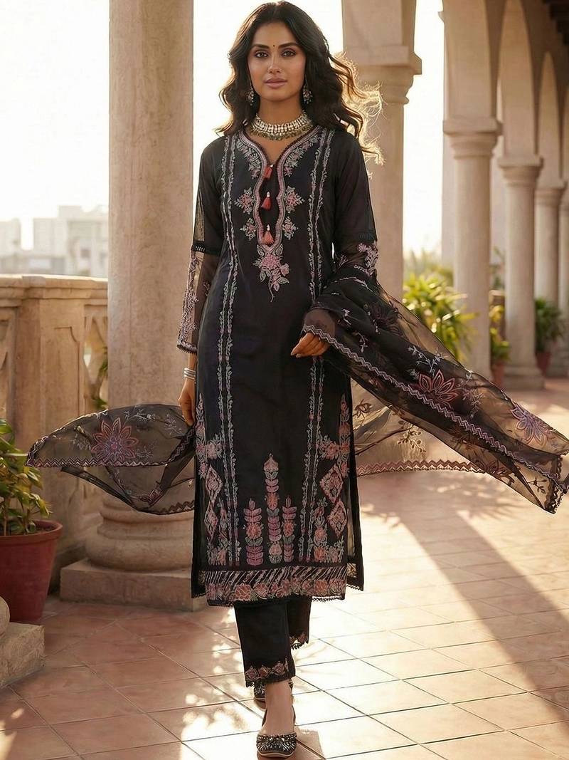Women Floral Embroidered Regular Thread Work Kurta with Trousers & With Dupatta
