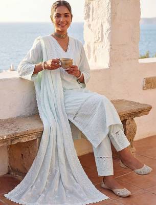 Women Ethnic Motifs Embroidered Regular Thread Work Pure Cotton Kurta with Trousers & With Dupatta 4