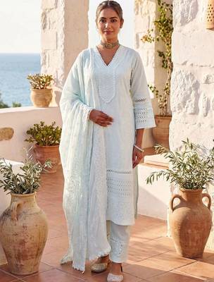 Women Ethnic Motifs Embroidered Regular Thread Work Pure Cotton Kurta with Trousers & With Dupatta 5
